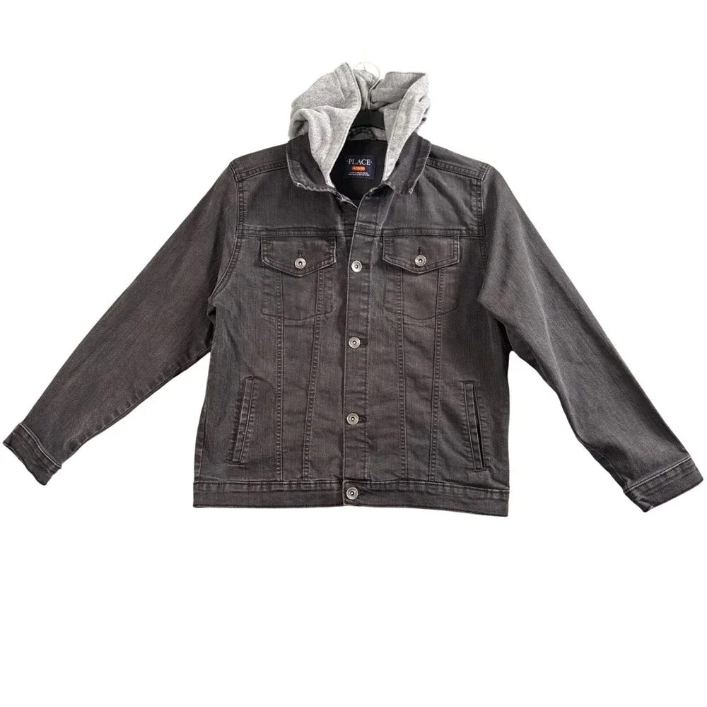 The Childrens‎ Place Denim Hooded Jacket Boys XL 14 Black Grey Trucker